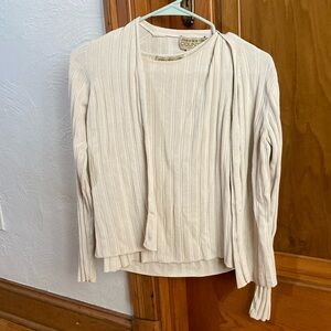 Jones New York Cream Ribbed Knit Long Sleeve Top with Neck Tie